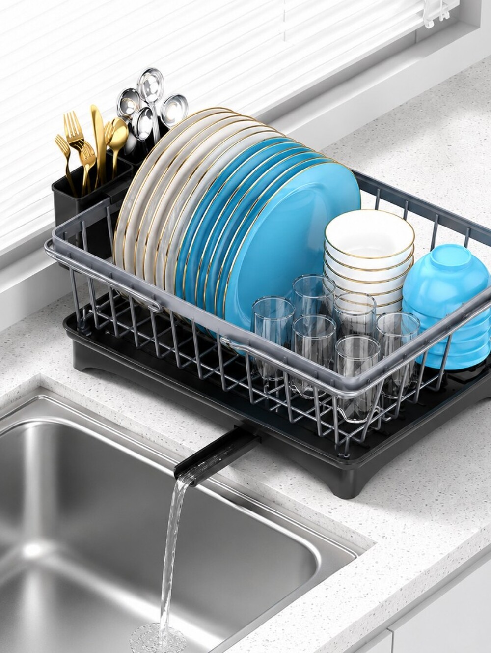 LEMIKKLE Dish Drying Rack with Modern Gray Dish Drying Rack with Black Drip Tray